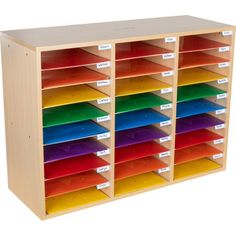 multicolored plastic bins with labels on each side for storage and display purposes