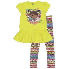 Up For Purchase Is A Brand New/ Nwt Disney's Doc Mcstuffins Shirt And Leggings. The Shirt Is Yellow With Short Capped Sleeves And A Skirted Hem. The Front Of The Shirt Has A Large Heart In A Tribal Print With Doc, Lambie & Stuffy And The Words "Daily Dose Of Caring". The Shirt Is Adorned With Hearts And A Touch Of Glitter. The Legging Have A Striped Tribal Print In Yellow, Pink, Purple And Blue. Fitted Cartoon Print Sets For Playwear, Playful Fitted Sets With Character Print, Yellow Playful Fitted Tops, Playful Fitted Yellow Tops, Fitted Playful Yellow Tops, Fitted Yellow Playful Tops, Playful Yellow Short Sleeve Sets, Yellow Short Sleeve Playwear Set, Yellow Short Sleeve Sets For Playwear