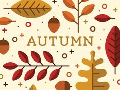 an autumn card with leaves, acorns and other things in the shape of letters