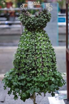 a dress made out of plants is on display