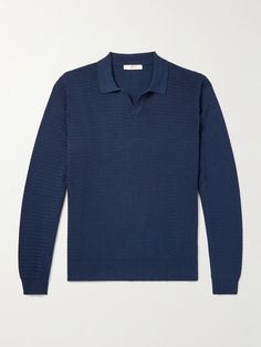 DESIGNED BY MR PORTER. Mr P.'s cotton polo shirt has been made in Italy and blended with touches of silk for softness. In a neutral navy shade, it's knitted in a wavy texture and has a relaxed open collar. Wear it with your go-to denim and sneakers. Blue Cotton Polo Sweater For Work, Blue Cotton Polo Sweater For Workwear, Mr P, Cotton Polo Shirt, Loungewear Shorts, Short Suit, Cotton Polo, Short Sleeve Polo, Mr Porter