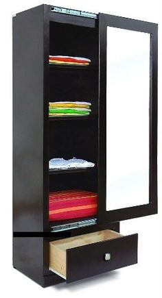 a black cabinet with drawers and a mirror on it's side that is open