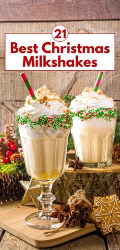 Tall glasses adorned with red and green sprinkles on the rims. Topped with whipped cream and cookie crumbs, the milkshakes are placed among holiday decor, including pinecones, cinnamon sticks, and gingerbread cookies. These creamy Christmas treats are perfect for adding holiday cheer to your dessert table. Christmas Milkshakes, Holiday Sprinkles, Festive Drinks, Milkshake Recipes, Sweet Drinks, Milkshakes, Best Christmas, Holiday Treats, Kids Christmas