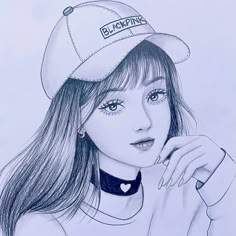 a drawing of a girl wearing a hat and holding her hand up to her face