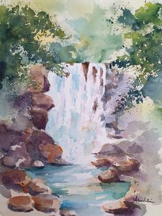 a watercolor painting of a waterfall in the woods