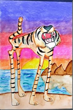 a drawing of a tiger standing in front of the ocean with its mouth wide open