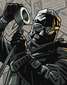 a man wearing a gas mask holding a wrench in one hand and a hammer in the other