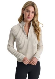 Layer up in preppy, sporty style with this ribbed sweater from DKNY Sport. | DKNY Sport Women's Half Zip Mock Neck Raglan Sleeve Sweater, Large Raglan Sleeve Sweater, Sweater Fits, Mock Neck Top, Half Zip Pullover, Mock Neck Sweater, Ribbed Sweater, Womens Activewear, Sporty Style, Sleeve Sweater