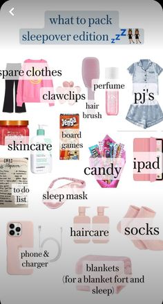 the contents of a woman's clothing and accessories for her sleepover, including pinks