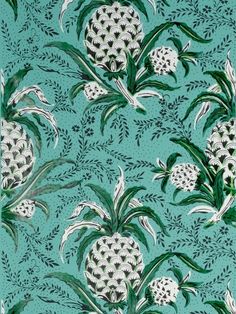 a blue and white wallpaper with pineapples on the top, surrounded by green leaves