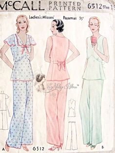 1930s Pretty Pajamas Pattern McCall 6512 Vintage Sewing Pattern Lounging Top and Pants Pattern Downton Abbey Style Bust 36 Pretty Pajamas, Downton Abbey Style, Retro Sewing Patterns, Sewing Lingerie, Dress Making Patterns, 1930s Fashion