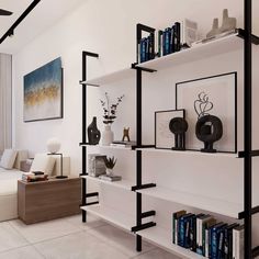 a living room filled with furniture and bookshelves next to a white couch in front of a window