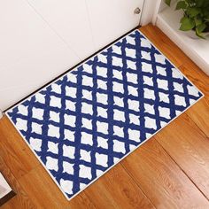 a blue and white door mat sitting on top of a wooden floor next to a potted plant