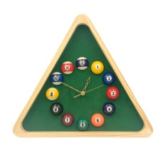 a triangle shaped clock with pool balls on the bottom and numbers in different colors around it