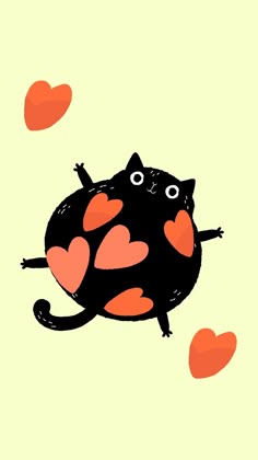 a black and orange cat with hearts on its back is flying through the air in front of two red hearts