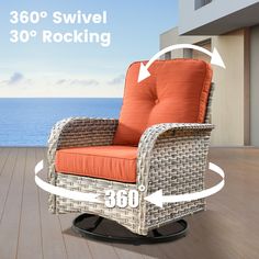 an orange chair sitting on top of a hard wood floor next to the ocean with text reading 360 swivel 30 rocking