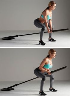 a woman doing squats with a bar on one leg and another standing on the other