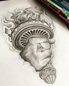 a pencil drawing of an eagle with a helmet on it's head and flames in the background