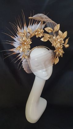 Headpiece Diy, Metal Embellishments, Leather Flower, Gold Tips, Fancy Hats, Floral Headpiece, Head Pieces, Leather Flowers, Head Piece