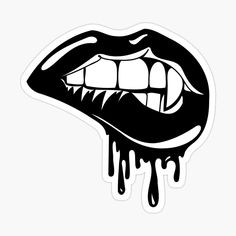 a black and white sticker with dripping lipstick on it's lips, showing the tongue