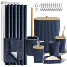 blue bathroom accessories including toothbrush holder, soap dispenser and other items