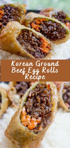 korean ground beef egg rolls on rice with carrots and green peppers in the middle