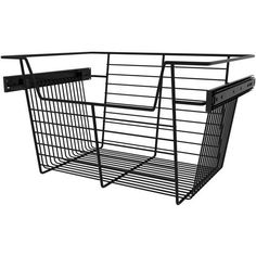 a black metal basket with two handles