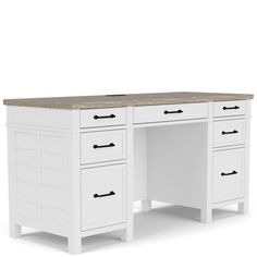 a white desk with two drawers and a marble top