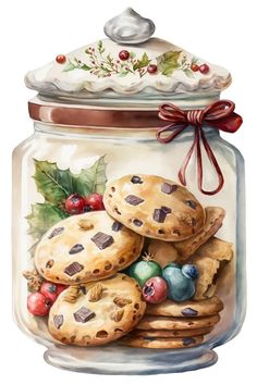 a painting of cookies in a glass jar