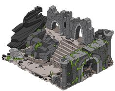 an illustration of a castle made out of rocks and stones with plants growing on it