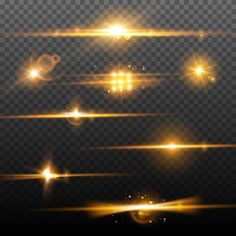 set of glowing lights on transparent background with flares and glares, bright light effect