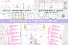 unicorn party game package with pink and gold foil