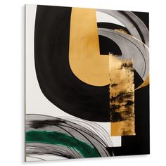 an abstract painting with gold, black and white colors on it's canvas wall art