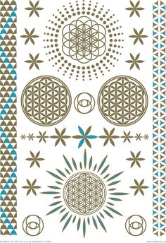 the flower of life tattoo design is shown in brown and blue, as well as an image