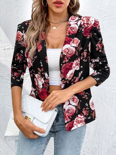 Negro Elegante Collar manga larga Tela Floral,todo estampado Normal Embellished Elástico Ligero  Ropa de Mujer Floral Blazer Outfits For Women, Blazer Tweed, Cloth Flowers, Style Noir, Notch Collar