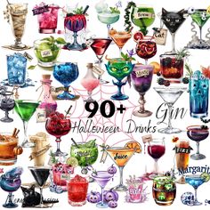 a large collection of halloween drinks with the words'90 + halloween drinks'written on them