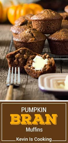 pumpkin bran muffins on a cooling rack with butter and oranges in the background