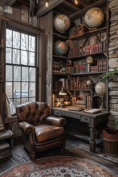 a room with a chair, desk and bookshelf filled with lots of books