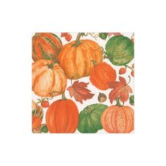 a drawing of pumpkins and leaves on a white paper napkin with green, orange, and red leaves