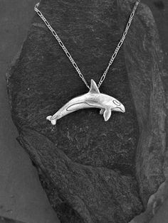 "This Orca are Sterling Silver, The included chain is a Sterling Silver Figaro 50 chain. You may chose 16, 18 or 20 inch at the same price. Other length available at sightly higher prices. The Orca pendant measures 1 11/16\" long by7/8\" tall. I hand cast all my pieces using the lost wax casting method. Please ask your needs. You may call me with questions, often I am out so please use my machine. 831-476-3176. Satisfaction Gurarnteed. I send items USPS First Class unless otherwise directed. I s Shark Earrings, Wax Casting, Lost Wax Casting, Lost Wax, Hand Cast, Sterling Silver Chain, Sterling Silber, Sterling Silver Chains, Call Me