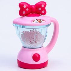 a pink toy blender with minnie mouse ears on it's top and beads in the bottom