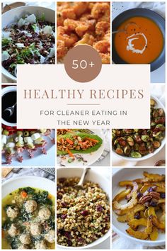 the cover of 50 healthy recipes for clean eating in the new year, including soups and salads