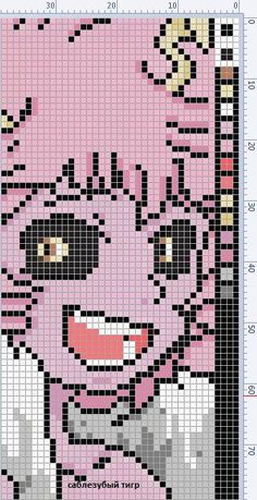 a cross stitch pattern of a pink cat wearing a bow tie and smiling at the camera