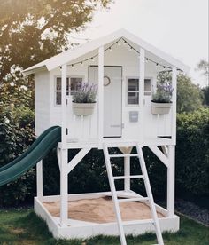 a white house with two plants on the roof and a slide in front of it