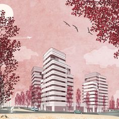 an illustration of two tall buildings with trees in the foreground and birds flying over them