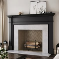 a living room with a fireplace and pictures on the mantle