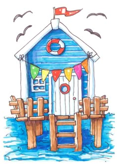 a drawing of a blue house on the water with flags hanging from it's roof