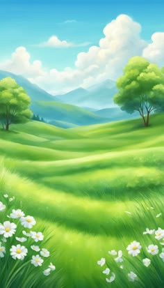 a painting of a green field with white flowers