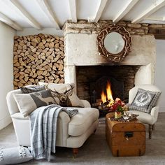 a living room filled with furniture and a fire place next to a wall covered in logs