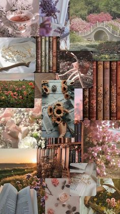 a collage with flowers and books in it